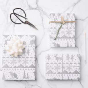 Nordic Sweater Silver Winter Animals White Wrapping Paper Sheet