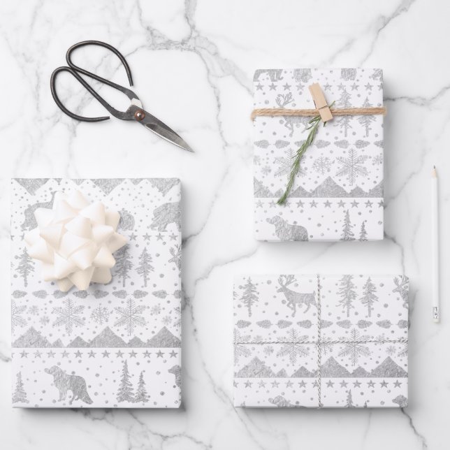 Nordic Sweater Silver Winter Animals White Wrapping Paper Sheet (Front)