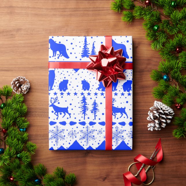 Nordic Sweater White & Royal Blue Winter Animals Wrapping Paper (Holiday Gift)