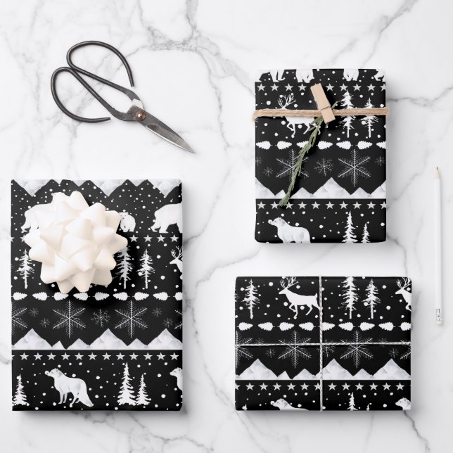 Nordic Sweater White Winter Animals Black Wrapping Paper Sheet (Front)