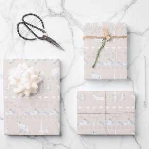 Nordic Sweater White Winter Animals Blush Beige Wrapping Paper Sheet