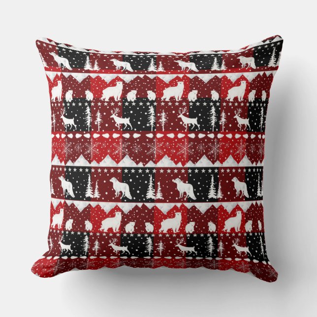 Nordic Sweater White Winter Animals Buffalo Plaid Throw Pillow (Front)
