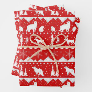 Nordic Sweater White Winter Animals Holiday Red Wrapping Paper Sheet