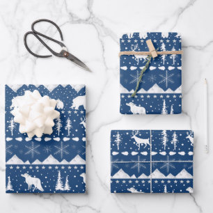 Nordic Sweater White Winter Animals Navy Blue Wrapping Paper Sheet