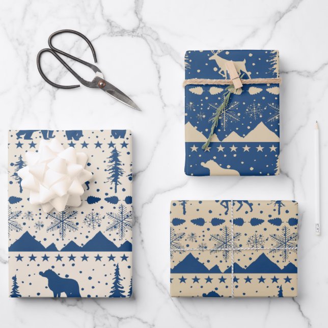 Nordic Sweater Winter Animals Beige & Navy Blue Wrapping Paper Sheet (Front)