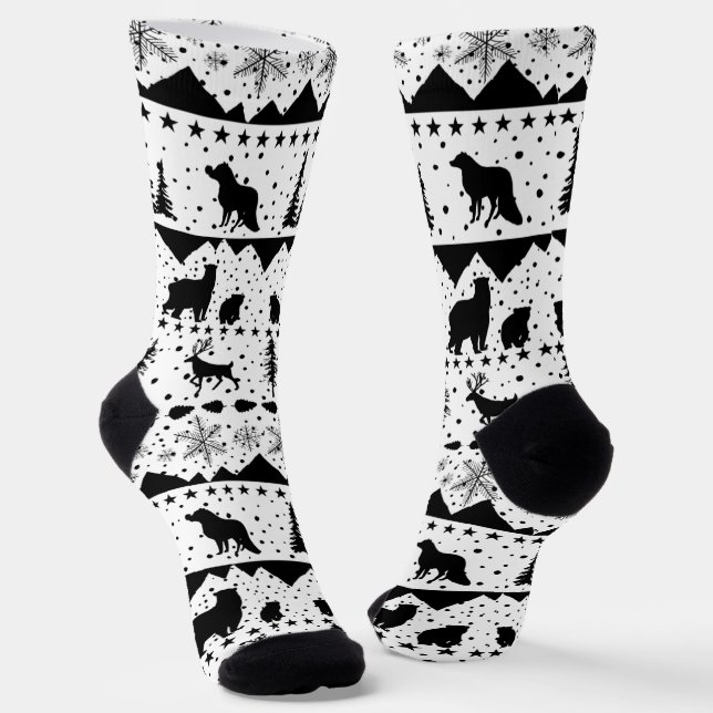 Nordic Sweater Winter Animals Black And White Sock (Angled)