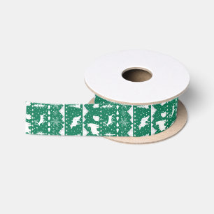 Nordic Sweater Winter Animals Forest Green & White Satin Ribbon