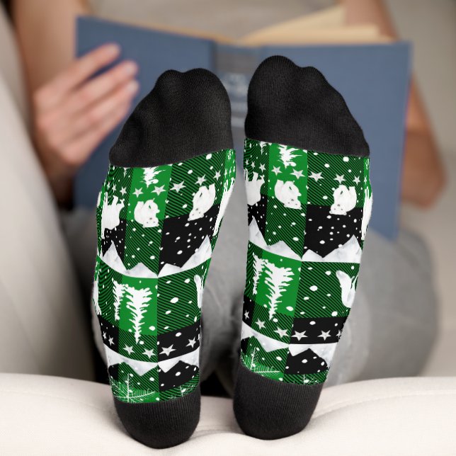 Nordic Sweater Winter Animals Green Buffalo Plaid Socks (Bottom)