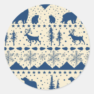 Nordic Sweater Winter Animals Navy Blue Classic Ro Classic Round Sticker