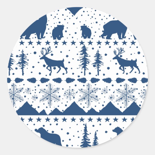 Nordic Sweater Winter Animals Navy Blue Classic Round Sticker (Front)