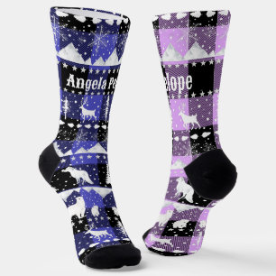 Nordic Sweater Winter Animals Purple Violet Plaid Socks