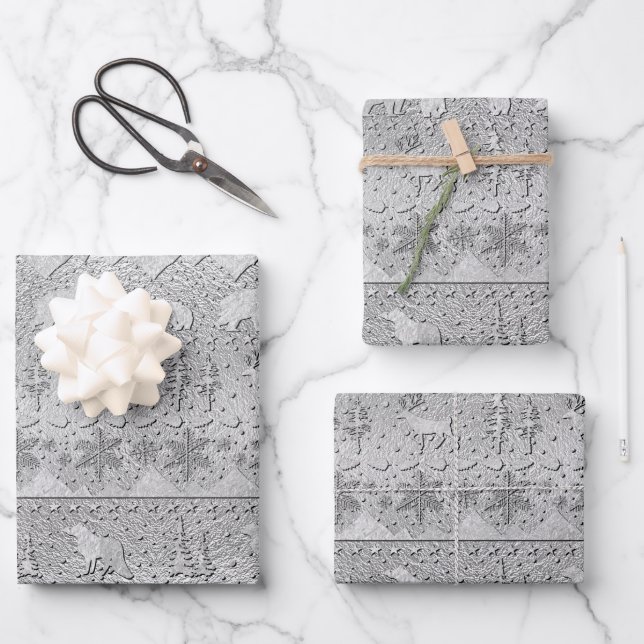 Nordic Sweater Winter Animals Raised Silver Wrapping Paper Sheet (Front)