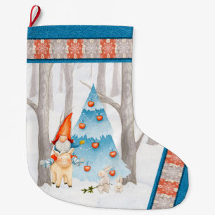 Nordic Tomte Gnome and pig in the forest Large Christmas Stocking