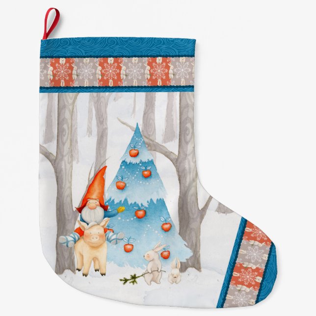 Nordic Tomte Gnome and pig in the forest Large Christmas Stocking (Front)