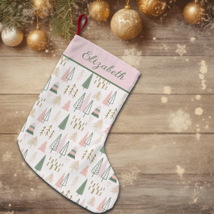 Nordic Trees Pink And Green Hygge Scandi Name Small Christmas Stocking