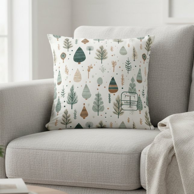 Nordic Trees Scandi Monogram Name Throw Pillow (Creator Uploaded)