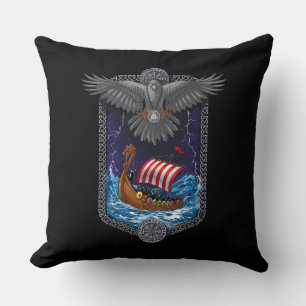 Nordic Viking Ship Raven Throw Pillow