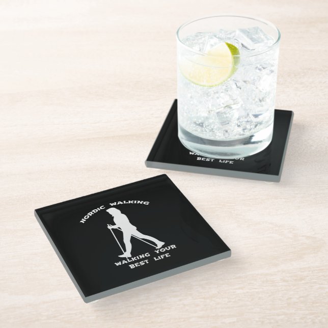 Nordic Walking - Walking Your Best Life Glass Coaster (Angled)