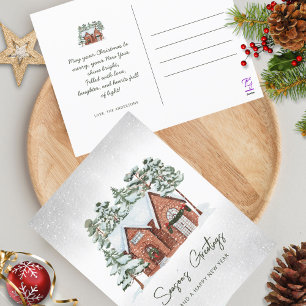 Nordic Watercolor Snowflakes Pine Forest Christmas Holiday Postcard