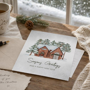 Nordic Watercolor Snowflakes Pine Forest Christmas Holiday Postcard