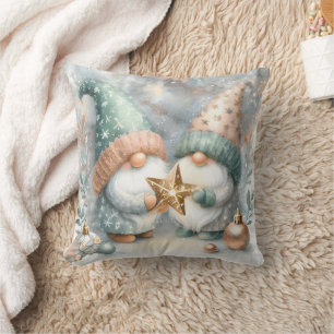 Nordic Whimsical Christmas Gnome Blue Gold Holiday Throw Pillow