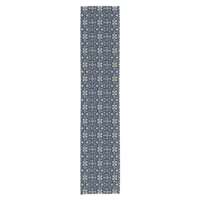 Nordic white and gold flowers on blue background  short table runner (Front)