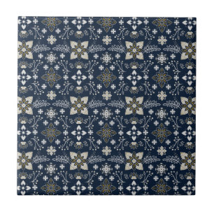 Nordic white and gold flowers on blue background  tile