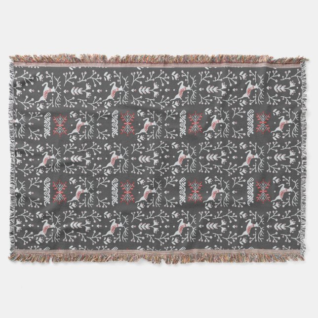 Nordic White Reindeer Pattern in Grey and Red Throw Blanket (Front)