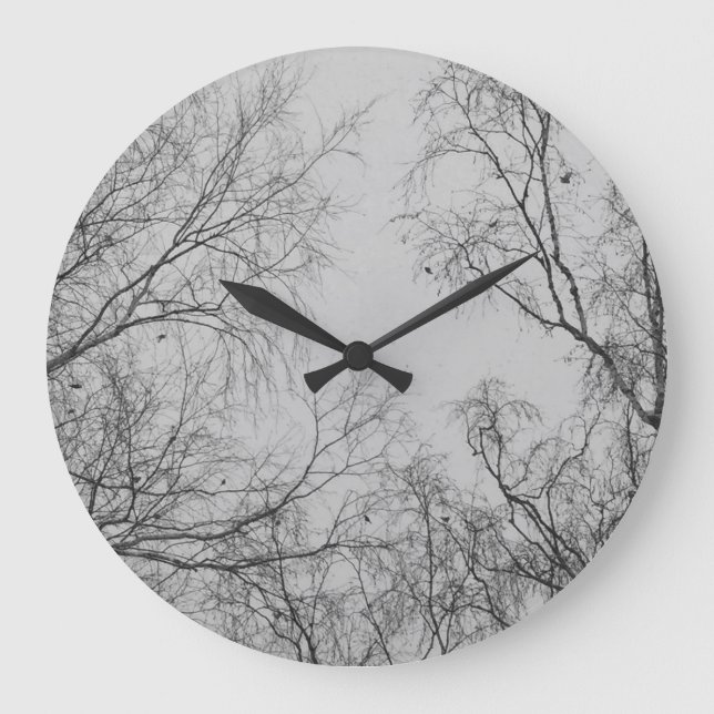Nordic Winter Birch with Tit Birds Photograph Large Clock (Front)