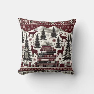 Nordic Winter Deer and Books Throw Pillow 