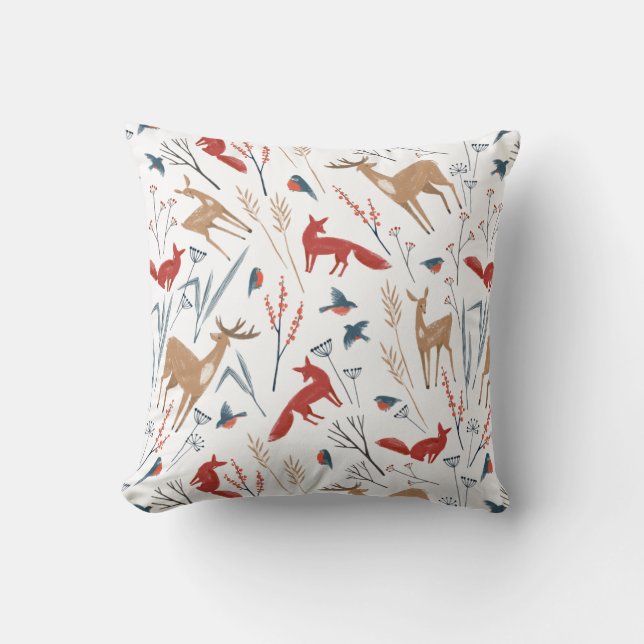 Nordic Winter Forest Animals and Berries Pattern Throw Pillow (Front)