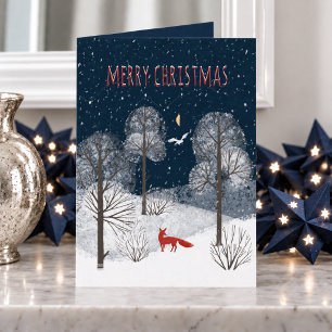 Nordic Winter Night Red Fox In The Countryside Holiday Card