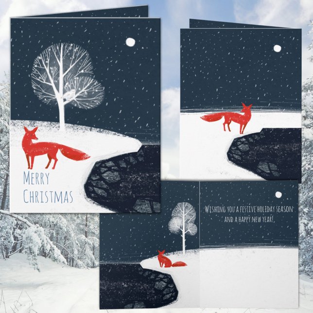 Nordic Winter Night Red Fox In The Fjords Holiday Card (Nordic Winter Night Red Fox In The Fjords Holiday Christmas Folded Wraparound Graphics Card)