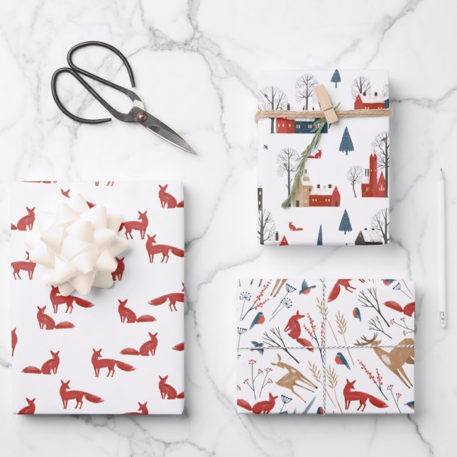 Nordic Winter Simple Minimalist Town Forest Fox Wrapping Paper Sheet (Front)