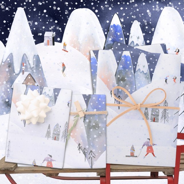 Nordic Winter Snowy Mountain Ski Village Night Sky Wrapping Paper Sheet (Nordic Winter Snowy Mountain Ski Village Night Sky Christmas Holiday Wrapping Paper Sheets Trio)