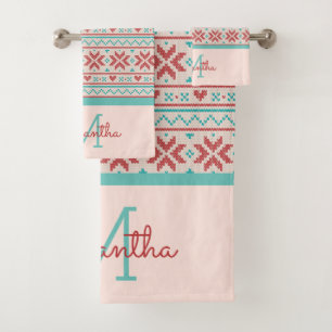 Nordic Winter Sweater Faux Knit Pattern Monogram Bath Towel Set