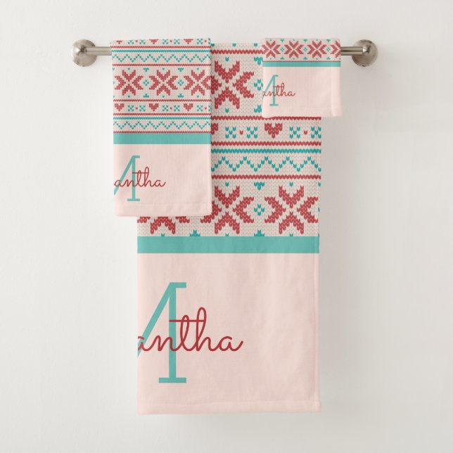 Nordic Winter Sweater Faux Knit Pattern Monogram Bath Towel Set (Insitu)