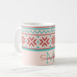Nordic Winter Sweater Faux Knit Pattern Monogram Coffee Mug<br><div class="desc">Nordic Winter Sweater Faux Knit Pattern Monogram Design. With Fun Knit Snowflakes, Hearts, and Geometric Lines, In Aqua, Teal, Red, and Peach. Pretty and Unique for Holidays, Christmas, or Winter! With Monogrammed First Name and Last name Initial Letter. Makes a great gift for any girl, family members, for her, little...</div>