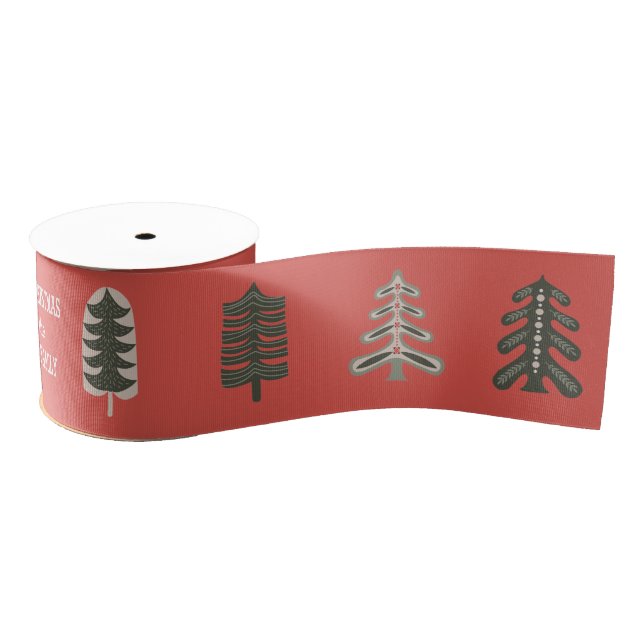 Nordic Winter Trees with Custom Greeting on Red Grosgrain Ribbon (Spool)