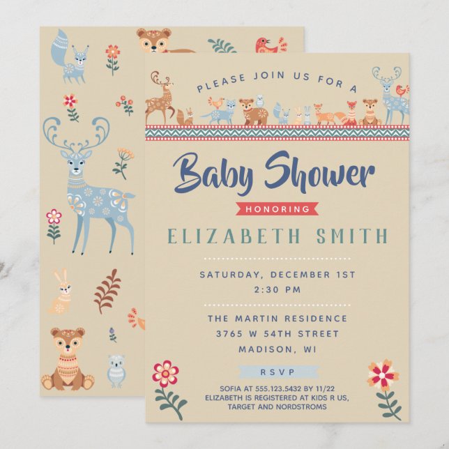 Nordic Woodland Animals Baby Shower Invitation (Front/Back)