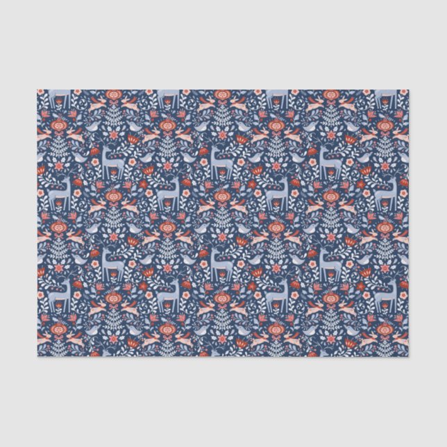 Nordic Woodland Animals Blue Pattern Tissue Paper (Front)