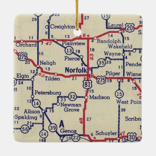 Norfolk NE Vintage Map Ceramic Ornament (Back)