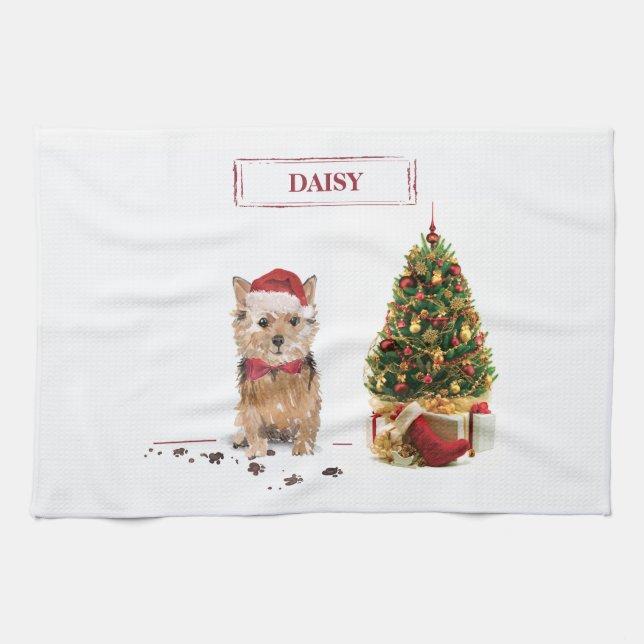 Norfolk Terrier Funny Christmas Dog with Tree Kitchen Towel (Horizontal)