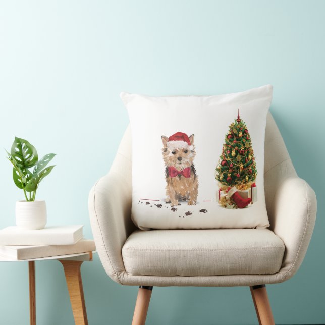 Norfolk Terrier Funny Christmas Dog with Tree Throw Pillow (Chair)