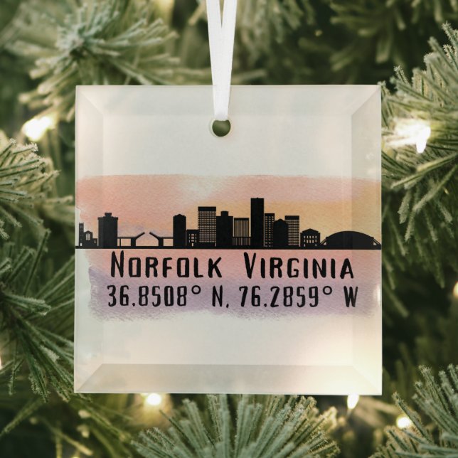 Norfolk VA City Skyline Glass Ornament (Insitu)
