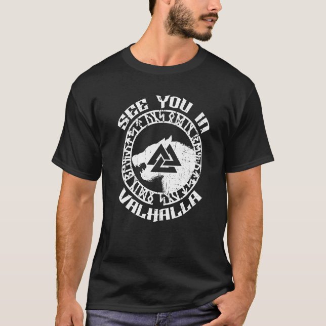 Norse Mythology Wolf See You In Valhalla Rune Circ T-Shirt (Front)