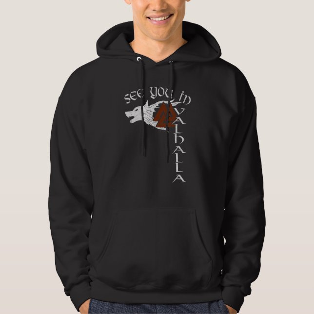 Norse Mythology Wolf Valknut See You in Valhalla V Hoodie (Front)