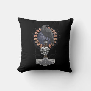 Norse Viking Raven Hammer Throw Pillow