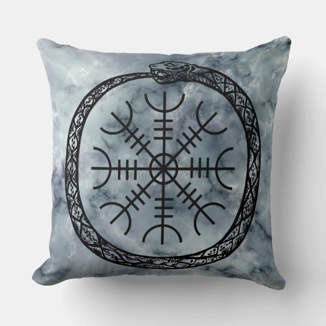 Norse World Serpent With Helm Of Awe Over Marble Throw Pillow (Front)