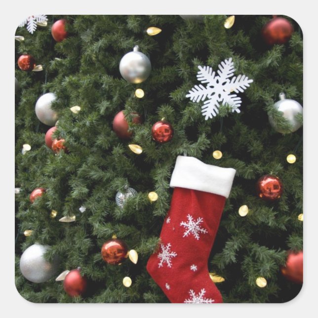 North America. Christmas decorations on tree. 5 Square Sticker (Front)